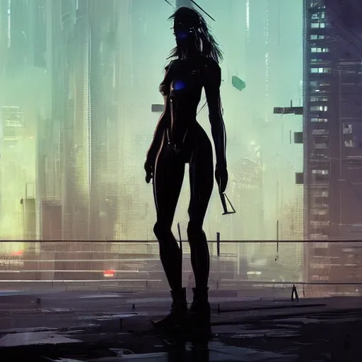 Image similar to a tall, broad-shouldered woman standing before a cyberpunk cityscape, dramatic lighting, illustration by Greg rutkowski, yoji shinkawa, 4k, digital art, concept art, trending on artstation