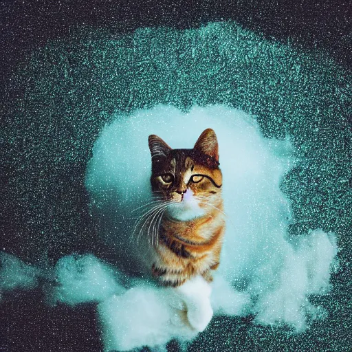 Image similar to a high - quality photo of a cat in a cloud of falling glitter, duochrome,, f 1. 4