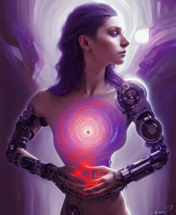 Image similar to a whirlwind of souls rushing inside the metaverse, hologram, half body, neurochip, shaved temple, piercing, jewelry, android, cyborg, cyberpunk face, by loish, d & d, fantasy, intricate, elegant, highly detailed, colorful, digital painting, artstation, concept art, art by artgerm and greg rutkowski and alphonse mucha