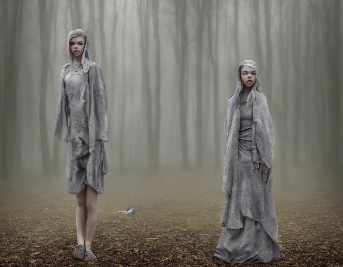 Image similar to hyper-realistic marble sculpture of anya taylor joy, foggy forest at dawn, abandoned, gloomy, full body portrait, photography