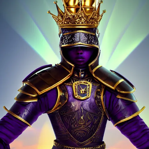 Image similar to a highly detailed knight with glowing purple eyes in a golden helmet and a golden crown with a diamond in the center, golden armor, leather clothes under the armor, leather gloves, holds a black sword, artstation, DeviantArt, professional, octane render, sunset lighting