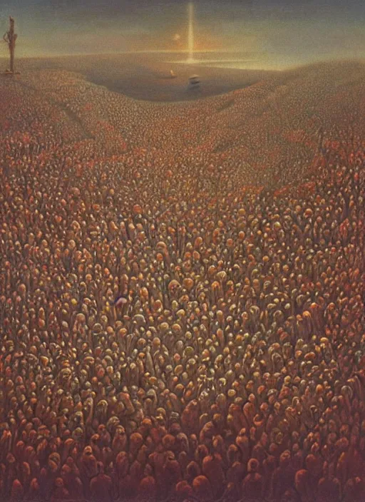 Image similar to a large amount of cultist followers gathered in front of a cult leader's stage, view from stage, in the style of beksinski
