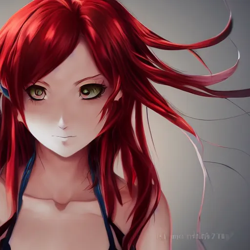 Prompt: detailed portrait of a anime girl in a badass pose, long red hair, cute facial features, anatomically perfect face shape, 4 k, trending on artstation, deviant art, - h 7 0 4