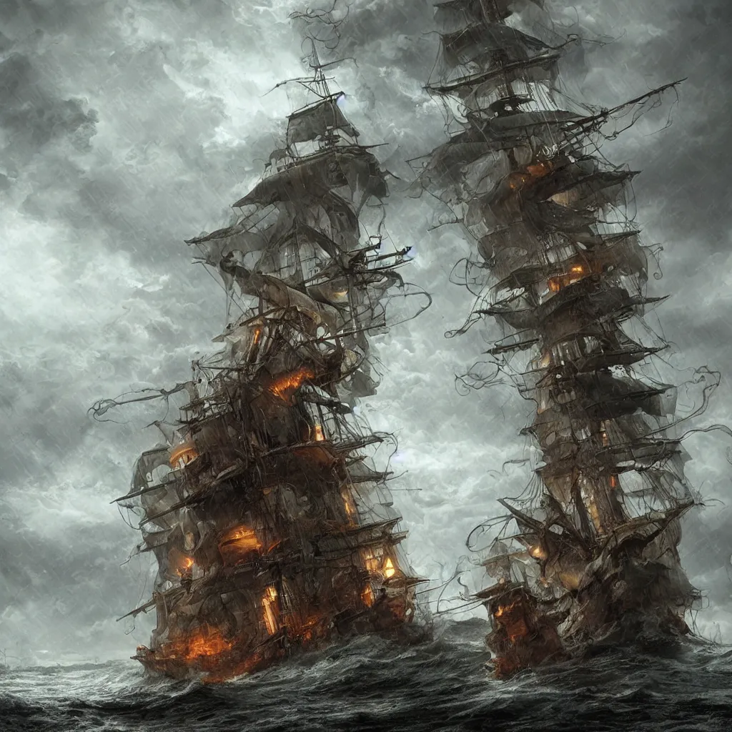 Prompt: A giant tentacle monster attacks a pirate ship at the edge of the world under a heavy rainstorm, 4k detailed digital art