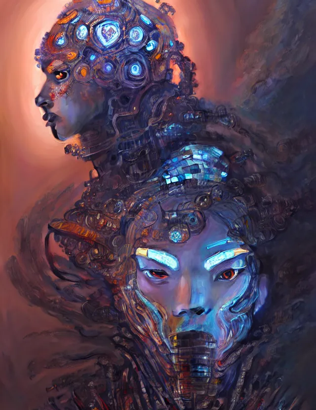 Image similar to asura from chinese myth, ghost, gorgeous and huge head ornaments, dystopian, cyberpunk, organic fractal mycelum and fungi, mecha, halfturn portrait of a big crystal face made of crystals half - turn, ominous, intricate, studio, art by anthony macbain + greg rutkowski + alphonse mucha, concept art, 4 k, sharp focus