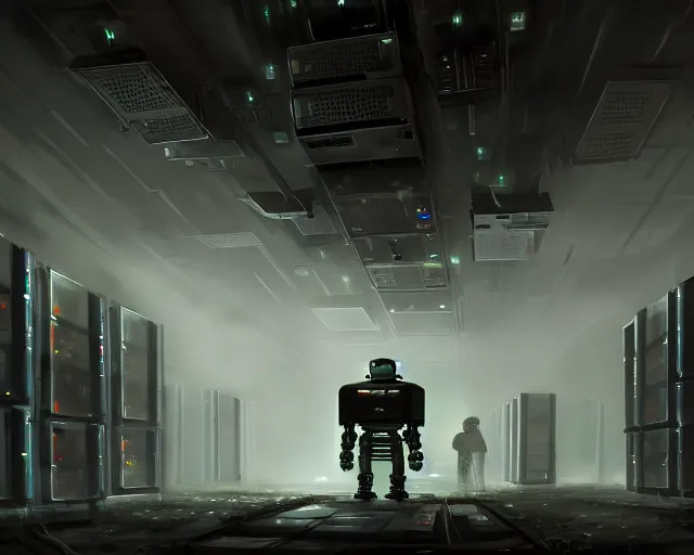 Image similar to gloomy ruined server room in datacenter painting concept art of robot colossus, sharp focus, emitting diodes, smoke, artillery, pacing, computers, racks, motherboard, by pascal blanche rutkowski artstation detailed matte painting, 4 k resolution