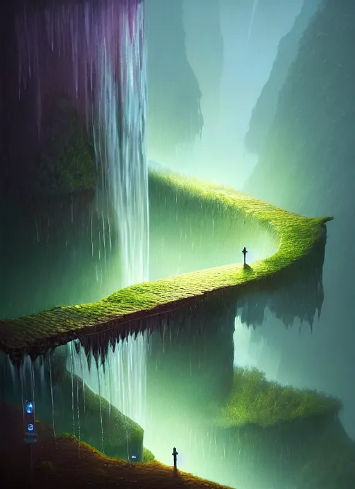 Image similar to Gediminas Pranckevicius a long capture photo of a magical waterfall, high cliff, night, stars in the sky cinematic lighting, insanely detailed, intricate, artstation, cgsociety, painted by Simon Stalenhag, concept art, illustration, sharp focus,