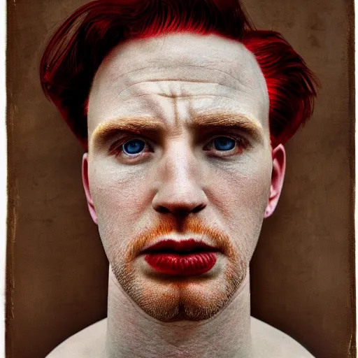 Image similar to realistic expired kodak film portrait of albino chris evans, hyperrealism, photorealistic, detailed, atmospheric, 8 k, award winning photography, cinematic