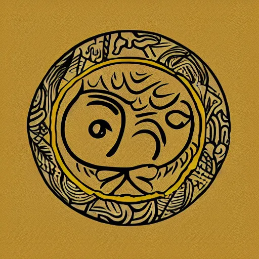 Prompt: tattoo sketch of a cat hugging the sun, on a yellow paper, maori ornament, minimalism, vector