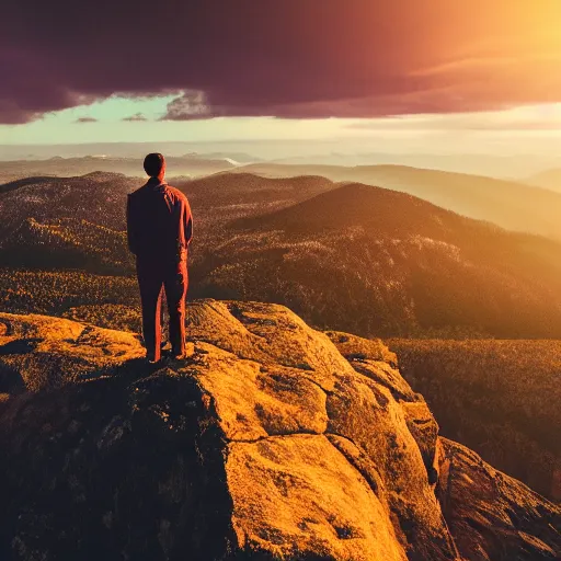 Image similar to A man stands on a mountaintop, looking into the horizon, magical, impressive, infinity, sunset light, Atmospheric phenomenon, artistic photography, muted colors, conceptual