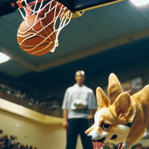 Image similar to film still of a corgi in a jersey dunking a basketball like michael jordan, low angle, show from below, tilted frame, 3 5 °, dutch angle, extreme long shot, high detail, indoors, dramatic backlighting.