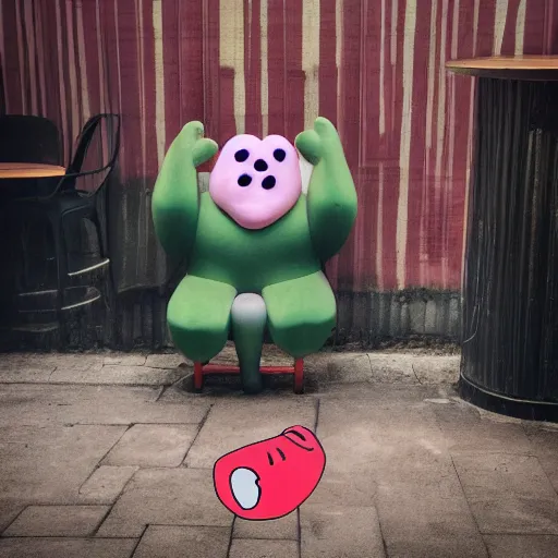 Image similar to Mr Blobby sitting depressed in a smoky cafe