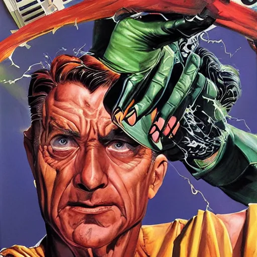 Image similar to detailed hyperrealistic mr trash man comic book cover by alex ross with gouache and wash paints color