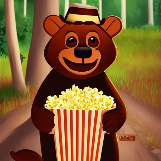 Image similar to yogi bear selling popcorn, artstation, forest background,