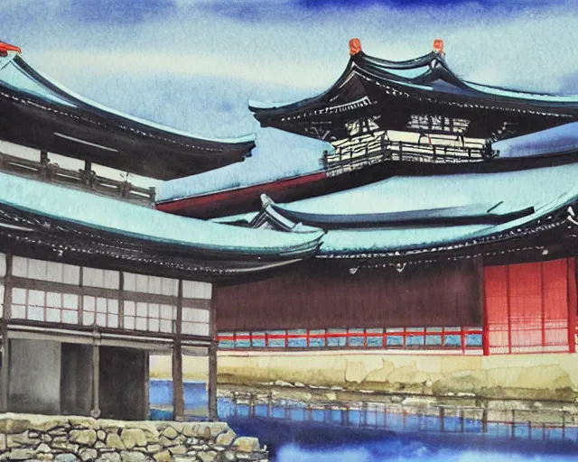 Prompt: a beautiful painting of a building in a serene landscape, japanese watercolor,