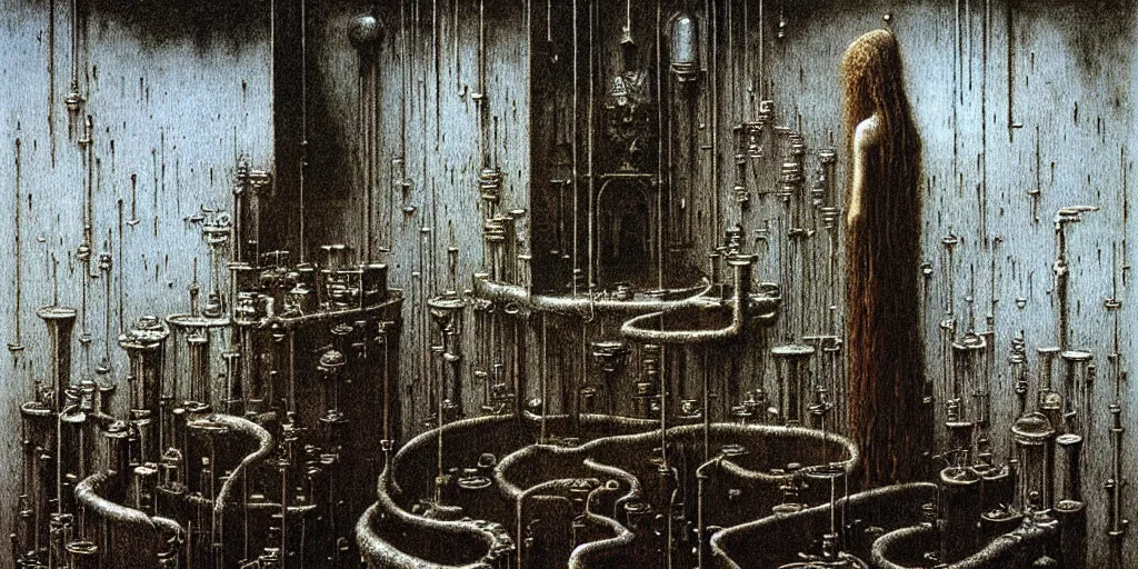 Image similar to detailed laboratory of alchemist and mage by Beksinski, Luis Royo