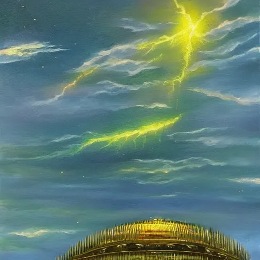 Prompt: beautiful oil painting of golden eastern dragon alone in sky, green lightning, night clouds, above city