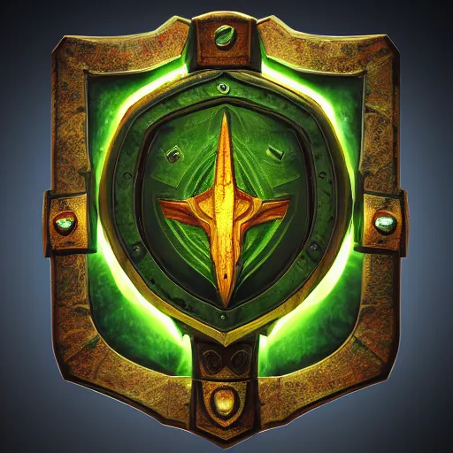 Prompt: green medieval shield, powerful fantasy epic legends, game icon stylized, digital illustration radiating, a glowing aura, global illumination, ray tracing, 8 k high definition, intricate details, octane render, unreal engine, trending on arstation