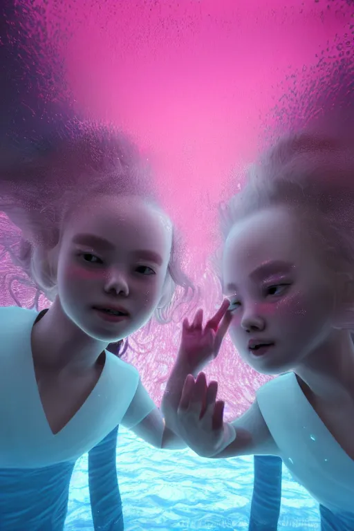 Image similar to 3d realistic dramatic infrared photo of two schoolgirls sisters with a realistic cute face fighting in a dark subway station under water in Japan. Close-up portrait. There are pink palm trees and translucent glow jellyfish flying around. Volumetric composition. Pastel colors in the style of Hiro Kiyohara, redshift, octane, trend artstation, cinematic, hyper realism, high detail, 8k