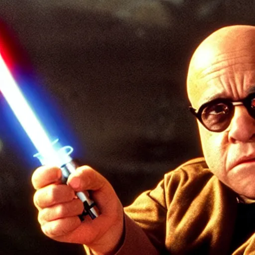 Prompt: movie still of Danny DeVito as Luke Skywalker with lightsaber