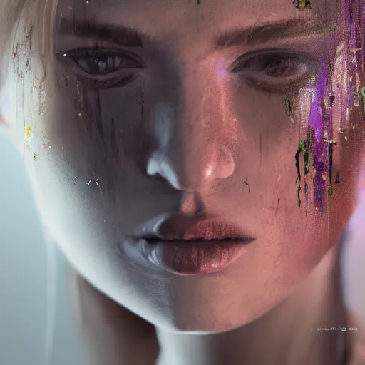 Image similar to hyperrealistic mixed media painting of woman, when your a hot mess but you're low key dead inside, dim volumetric lighting, 8 k octane beautifully detailed render, post - processing, portrait, extremely hyper - detailed, intricate, epic composition, cinematic lighting, masterpiece, trending on artstation, very very detailed, masterpiece, stunning,