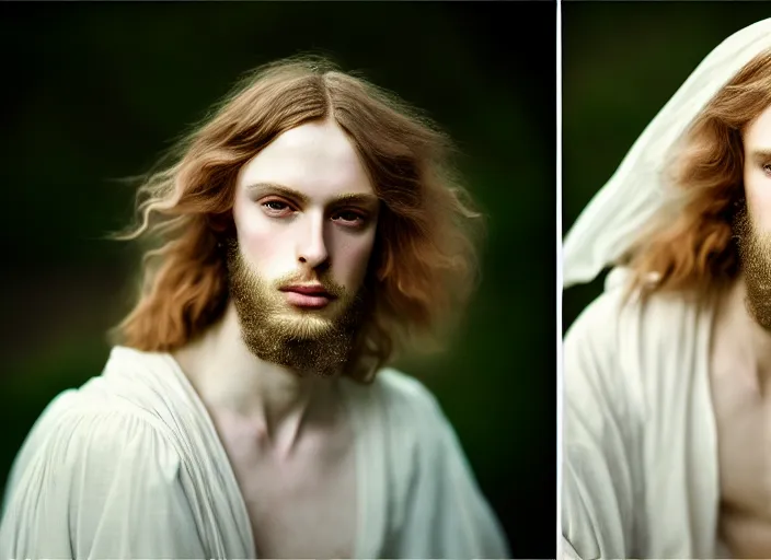 Image similar to portrait photography of a beautiful man how pre-Raphaelites beauty type in style of Nicolas False, britt marling style 3/4 , he has a short beard, golden blond hair, beautiful ethereal lace white robes, 8K, soft light, volumetric lighting, highly detailed Realistic, Refined, Highly Detailed, natural outdoor soft pastel lighting colors scheme, outdoor fine art photography