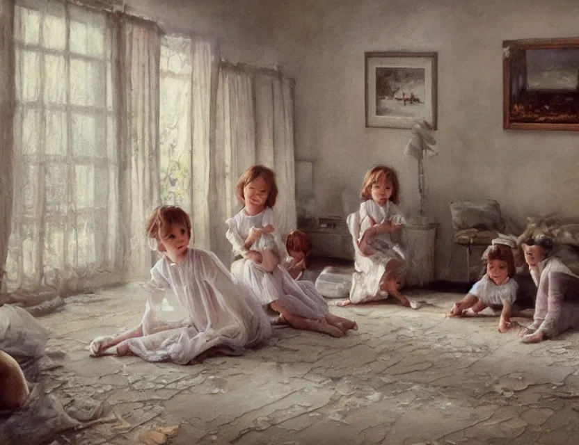 Image similar to kids playing in country house, cottage core, cinematic focus, polaroid photo bleached vintage pastel colors high - key lighting, soft lights, foggy, by steve hanks, by lisa yuskavage, by serov valentin, by tarkovsky, 8 k render, detailed, oil on canvas