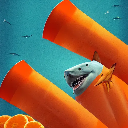 Image similar to great white shark with an orange traffic cone orange traffic cone orange traffic cone instead of a fin - ron cheng & alphonse mucha, highly detailed, digital painting, ray tracing, concept art, illustration, smooth sharp focus, intricate, symmetry, artstation,