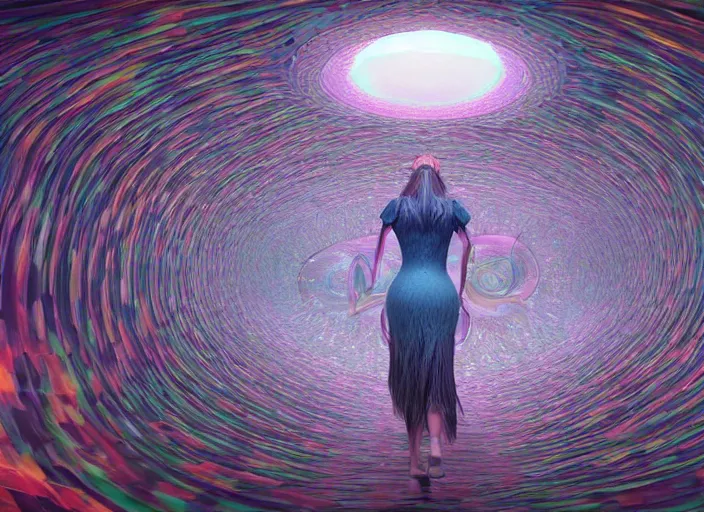 Image similar to vfx surreal 3 d portrait of alice from wonderland walking into a non - euclidean and infinite tunnel of evanescent hallucinatory images in endless mirrors that temporarily cling to a virtual node of experience called the self in an illusion called spacetime, hyperdetailed, octane render, by alex grey, jeff soto and daniel merriam, dan mumford and pixar, nvidia raytracing demo