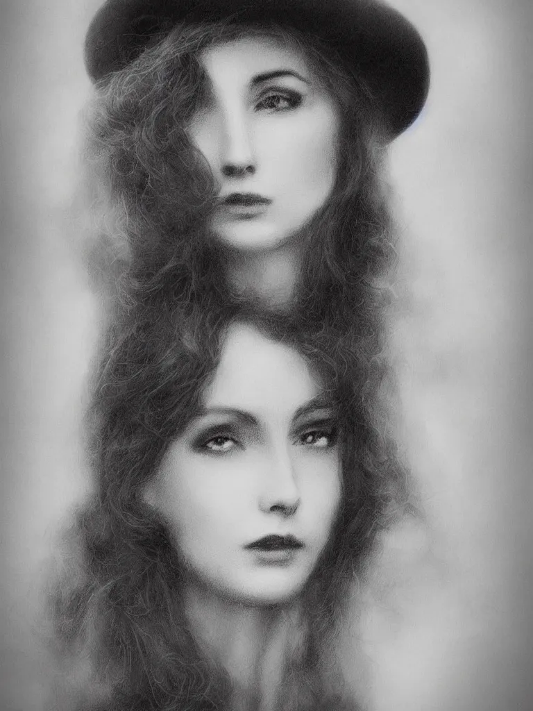 Image similar to Close up portrait of an elegant long haired lady wearing a gentleman suit and tophat in anime style, highly detailed, matte painting, noir, 70s, americana, photorealistic, ethereal ghostly atmosphere