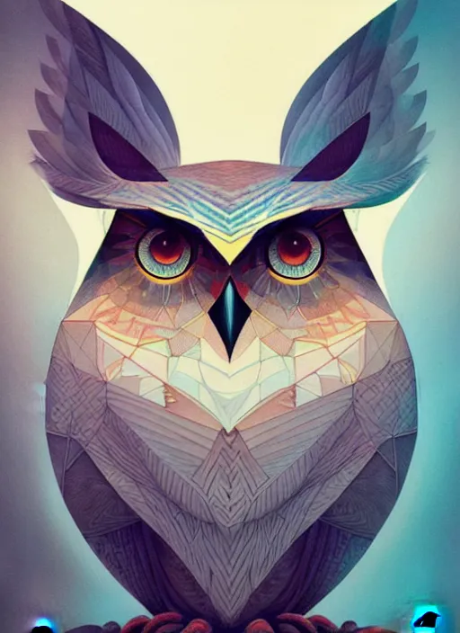 Image similar to portrait of a geometric owl, identical eyes, medium shot, illustration, full body made of white feathers, symmetrical, art stand, super detailed, cinematic lighting, and its detailed and intricate, gorgeous, by peter mohrbacher