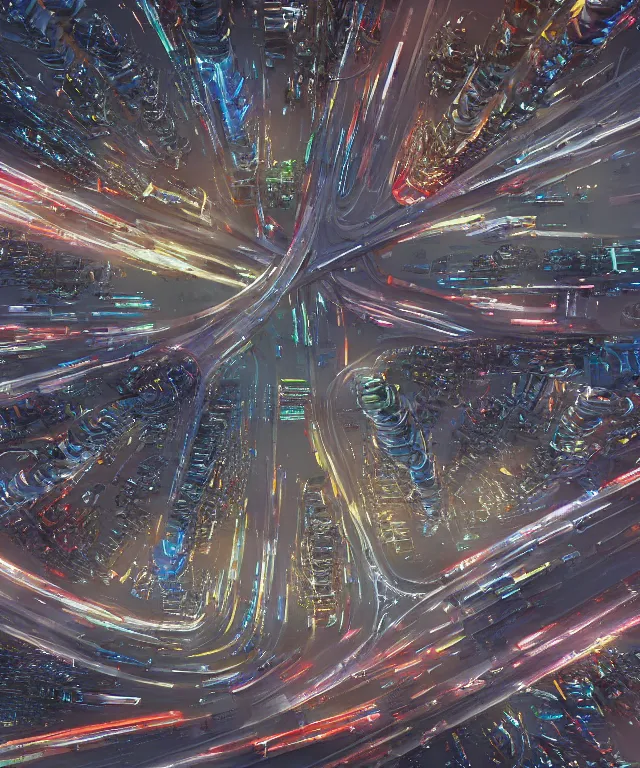 Prompt: a bird's eye view of an impossibly complex metropolis highway system with many vehicles at night, directly overhead shot from a drone, hyperrealistic, ultra detailed, complex design, cyberpunk concept art, low contrast, hypermaximal, high detail, liminal, 8 k, blender 3 d by max hay and jon ian max
