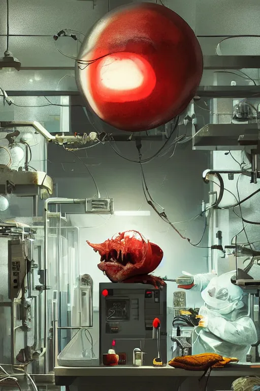 Image similar to mechanics scientist in lab facility looking at bloody mickey mouse head lifted by claw,, made by beeple, cgsociety, artgerm, greg rutkowski, highly detailed intricate 4 k art, low light cinematic, octane render, unreal engine, smooth concept art