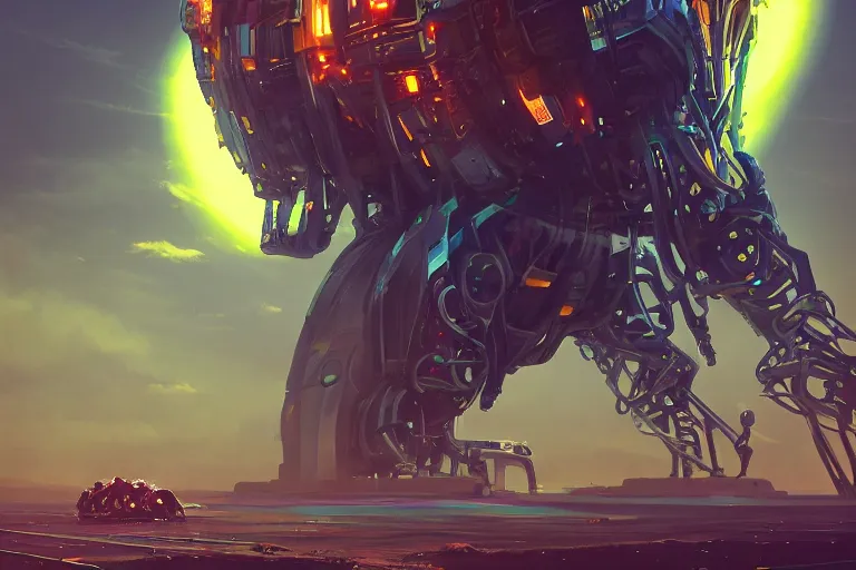 Image similar to huge mechanical creature robot radiating a glowing aura, global illumination, ray tracing, hdr, fanart, artstation, by ian pesty and alena aenami, artworks, 4 k