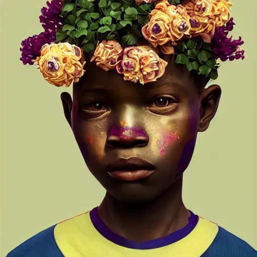 Prompt: colourful vfx art - portrait of crying nigerian boy wrapped in flowers & vines, art by hsiao - ron cheng & james jean, volumetric light, ray tracing, sharp, detailed, digital painting, illustration, highly detailed, intricate detail, unreal engine, octane render, pinterest, behance, art station,