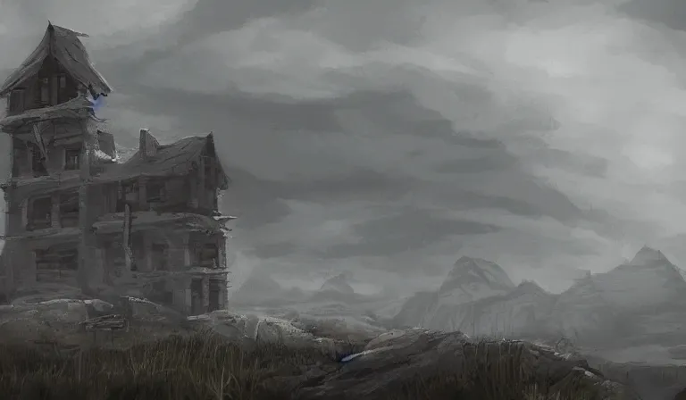 Prompt: A serene landscape with a singular building in the style of grimdark