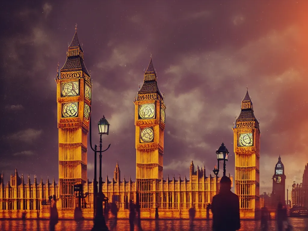 Image similar to an ancient beautiful cyborg of the elder gods in the city of London, a giant beautiful cyborg with glowing eyes in London with Big Ben in the background, westminster, colourful, dramatic lighting, golden hour, very detailed octane render very realistic beautiful