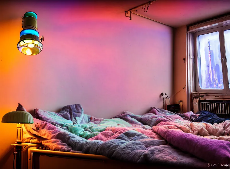 Image similar to telephoto 7 0 mm f / 2. 8 iso 2 0 0 photograph depicting the feeling of chrysalism in a cosy cluttered french sci - fi ( art nouveau ) cyberpunk apartment in a pastel dreamstate art cinema style. ( aquarium bed, computer screens, window ( city ), leds, lamp, ( ( ( bed ) ) ) ), ambient light.