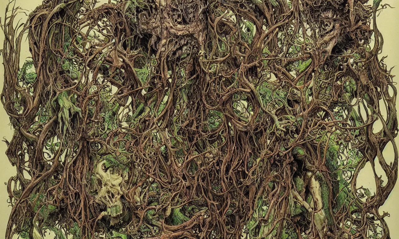 Image similar to hyperdetailed art nouveau portrait of treebeard and swamp thing as a cthulhu eyeball moose skull wendigo swamp thing creatures, by michael kaluta, pushead and bill sienkiewicz, photorealism, claws, skeleton, antlers, fangs, forest, wild, bizarre, scary, lynn varley, lovern kindzierski, steve oliff