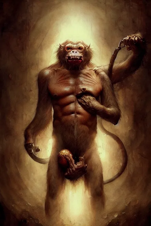 Image similar to ape demon | esoteric symbolism | jean - baptiste monge, esao andrews, bastien lecouffe - deharme, tim jacobus, ken currie | ultra - detailed realism, soft cinematic lighting, hi - fructose, artstation, high - quality, ink watercolors wes anderson poster art