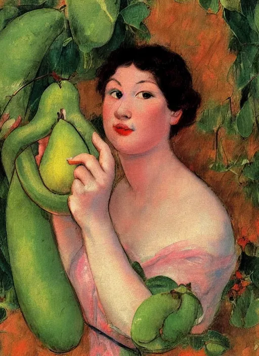 Prompt: vintage beautiful painting of a woman hiding from a pear infestation green tentacles in Mary Cassatt style