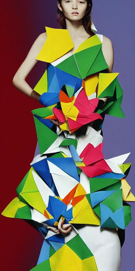 Image similar to portrait of a beautiful model wearing origami themed paper flower and geometric shapes haute couture by issey miyake