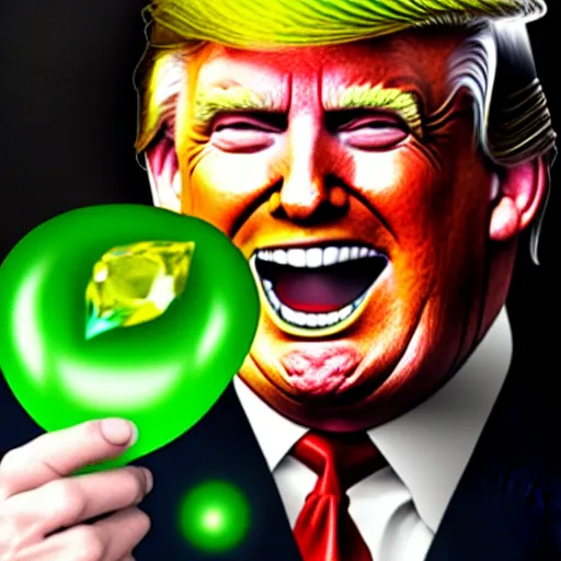 Prompt: trump smiling whilst holding a bunch of green chaos emeralds, highly detailed, realistic, beautiful composition, sharp focus, artstation, sharp focus