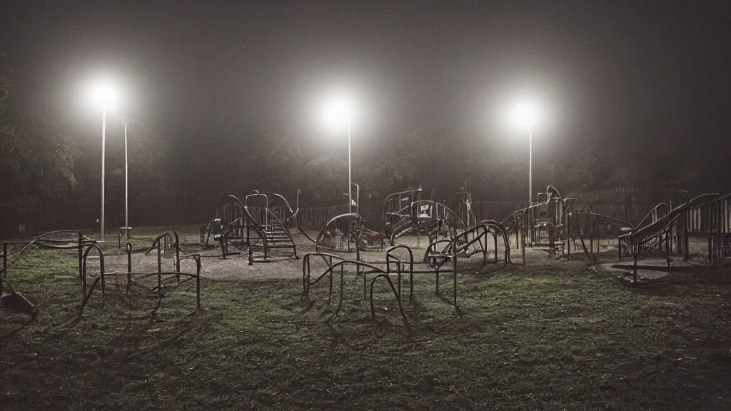 Prompt: a run - down playground at night where the only inhabitants are ethereal ghosts, portra 4 0 0, hyper realistic, creepy