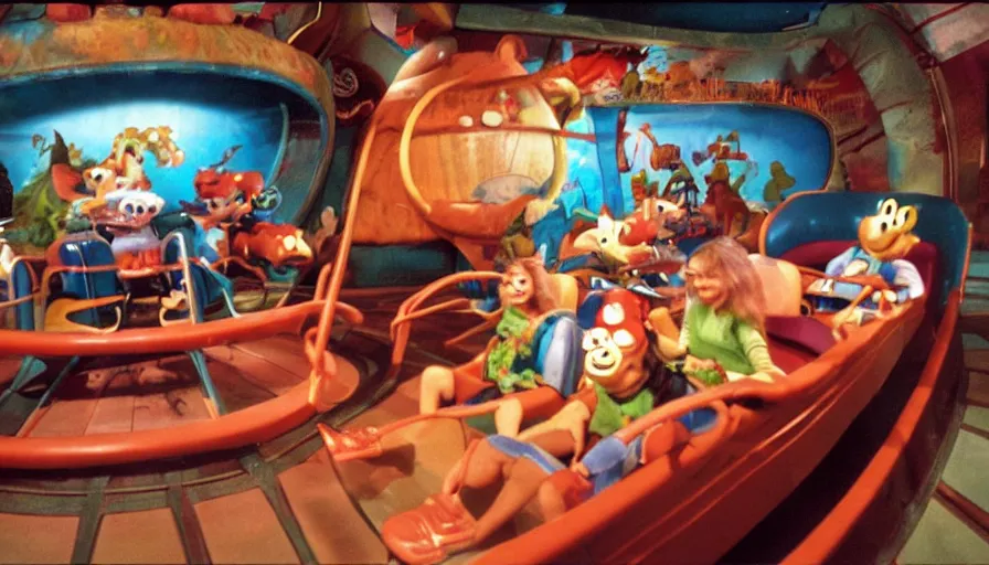 Image similar to 1990s photo of inside the Ren & Stimpy ride at Universal Studios in Orlando, Florida, children riding through the space ship episode with Log and soap , cinematic, UHD