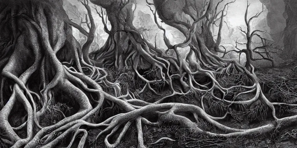 Prompt: portrait of a sickle getting overgrown by roots, forest, dolomites, alpine, detailed intricate insanely detailed octane render, 8k artistic 1920s photography, photorealistic, black and white, chiaroscuro, hd, by David Cronenberg, Raphael, Caravaggio