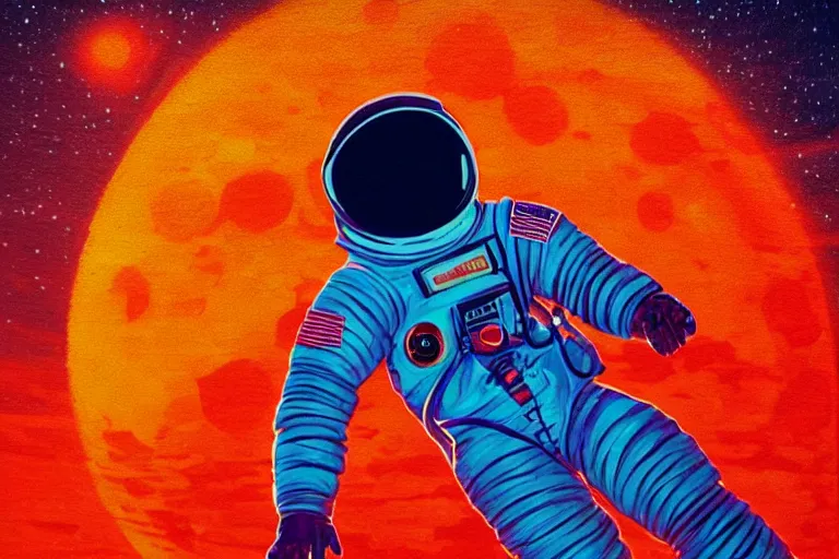 Image similar to an astronaut laying on mars in the style of flooko, acrylic art, detailed, moonlight, red lighting, bokeh, synthwave, psychedelic, glitch, neon,