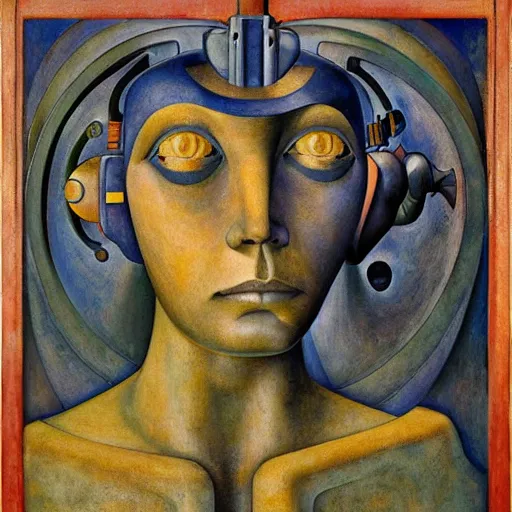 Prompt: robot with human eyes, by annie swynnerton and diego rivera and lucien freud and jean delville, symbolist, dramatic lighting, elaborate geometric ornament, art brut, soft pastel colors, smooth, sharp focus, extremely detailed, adolf wolfli, leo and diane dillon, nicholas roerich