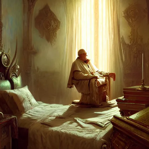 Image similar to the pope is in his bedroom, scared because a horned demon is attacking him. highly detailed painting by gaston bussiere, greg rutkowski, craig mullins 8 k
