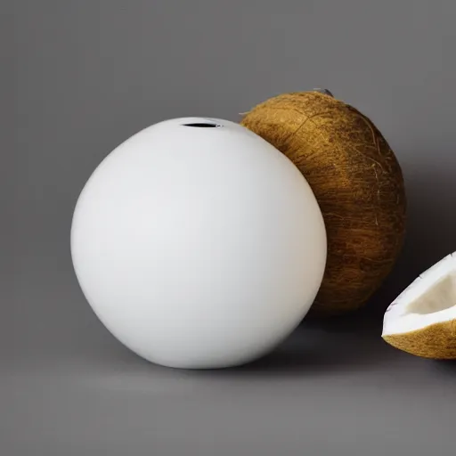 Image similar to centered white perfume bottle next to halved - coconuts, with white crisp zen modern minimalist bacgkround, illumination lighting, sharp focus, vogue, hartper's bazaar